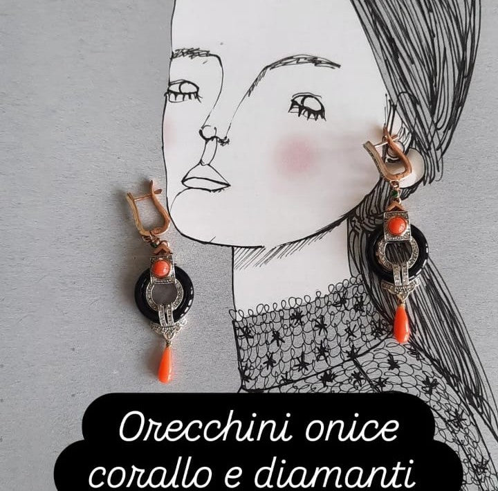 Orecchini art deco con in oro 9ct con onice ,corallo,e diamanti